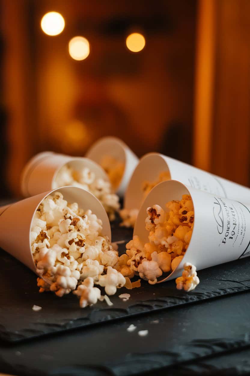 Indoor photo of paperless porcelain cones filled with white popcorn lightly coated in truffle oil and parmesan shavings, sitting on a slate board; warm indoor lighting, no text or logos.