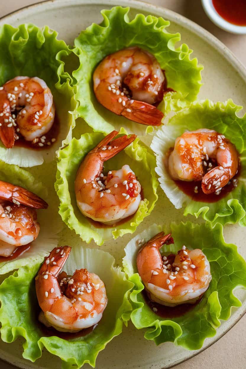 Indoor plate shot showing crisp lettuce cups filled with cooked shrimp glazed in a reddish sauce, sprinkled with sesame seeds. No text or logos included.