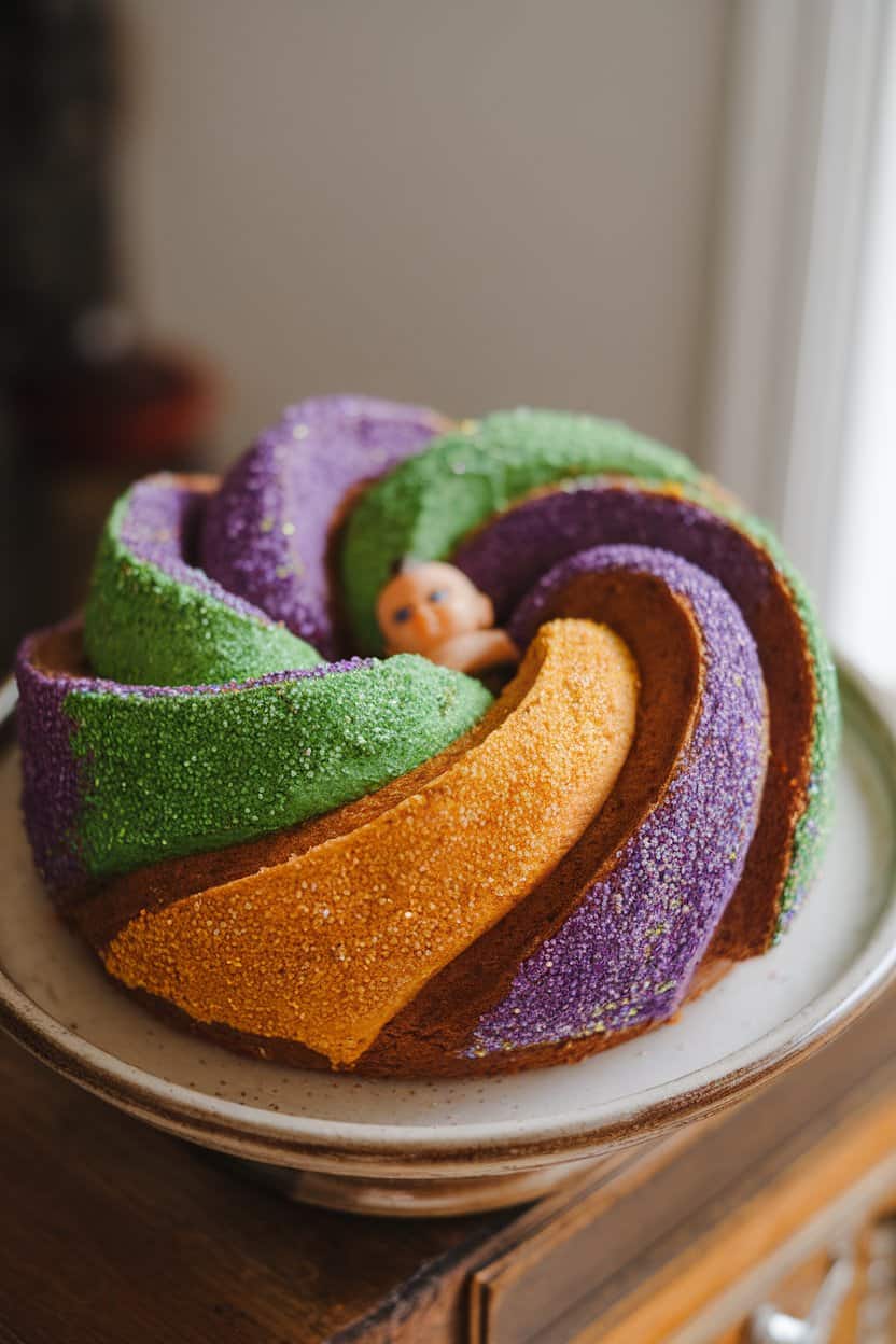 A gluten-free King Cake ring with vibrant sanding sugar, photographed indoors on a ceramic platter, no text or logos.