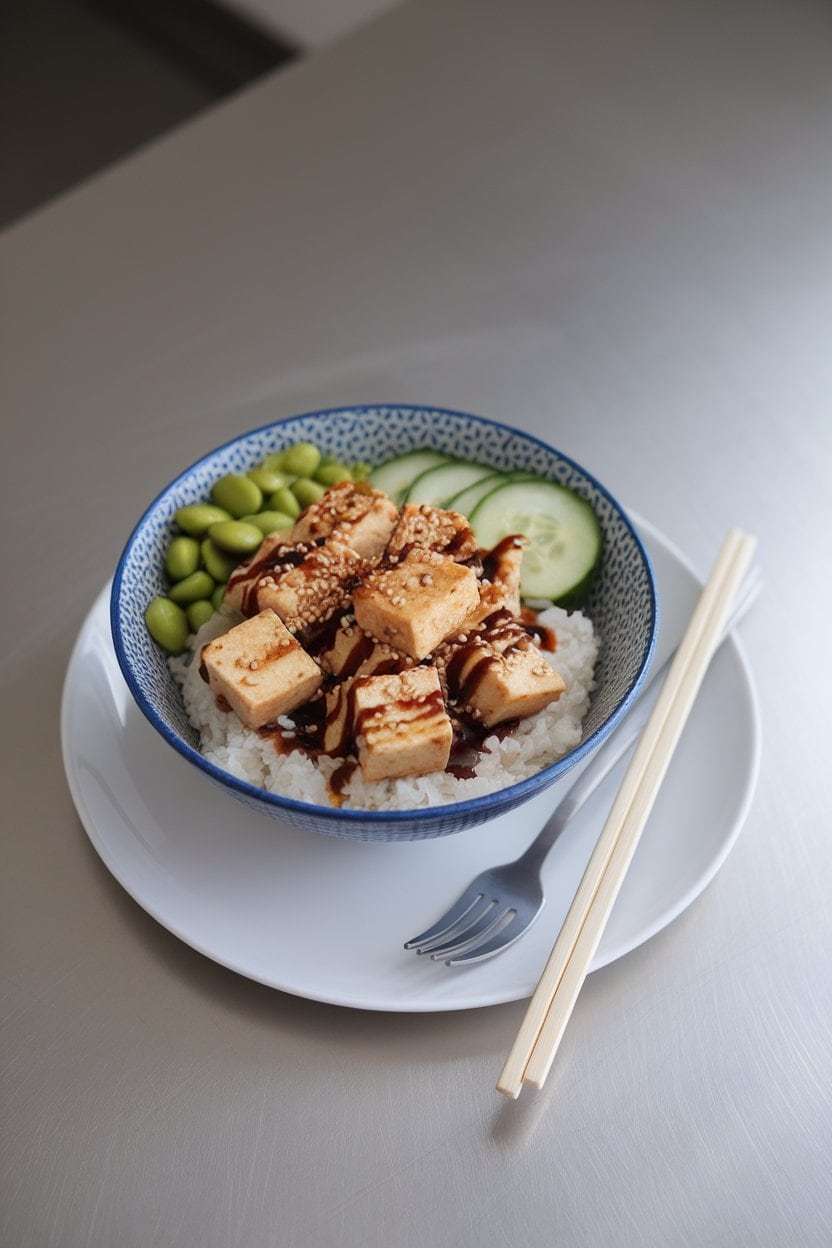 An indoor lunch scene with a bowl of rice topped with soy-ginger marinated, lightly seared tofu cubes, edamame, sliced cucumber, and sesame seeds; no text or logos present.