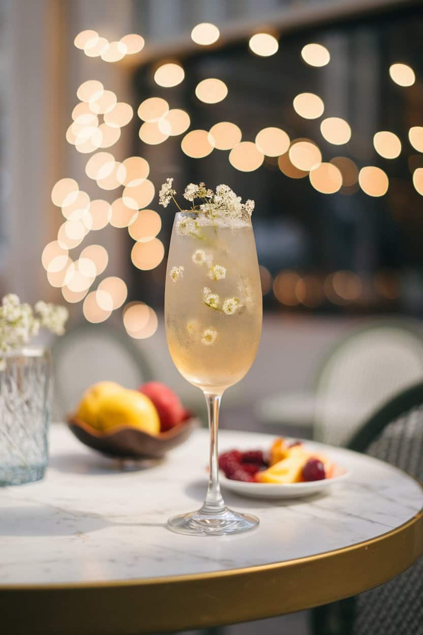 Photo of an indoor bistro table with a flute of pale gold pear mocktail, tiny elderflowers floating, soft fairy-light bokeh; no text or logos.