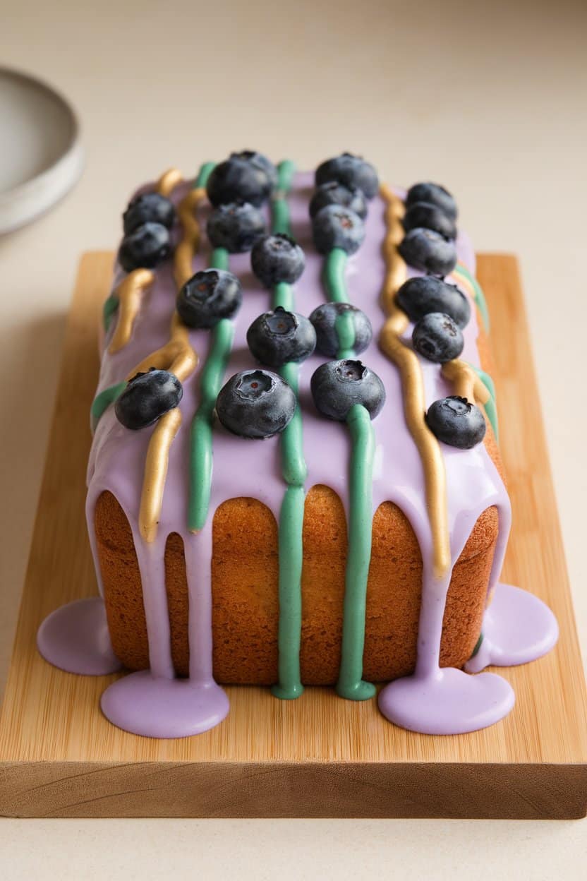Indoor photo of a lemon loaf cake studded with blueberries and topped with alternating stripes of purple, green, and gold glaze resembling beads. No text or logos.