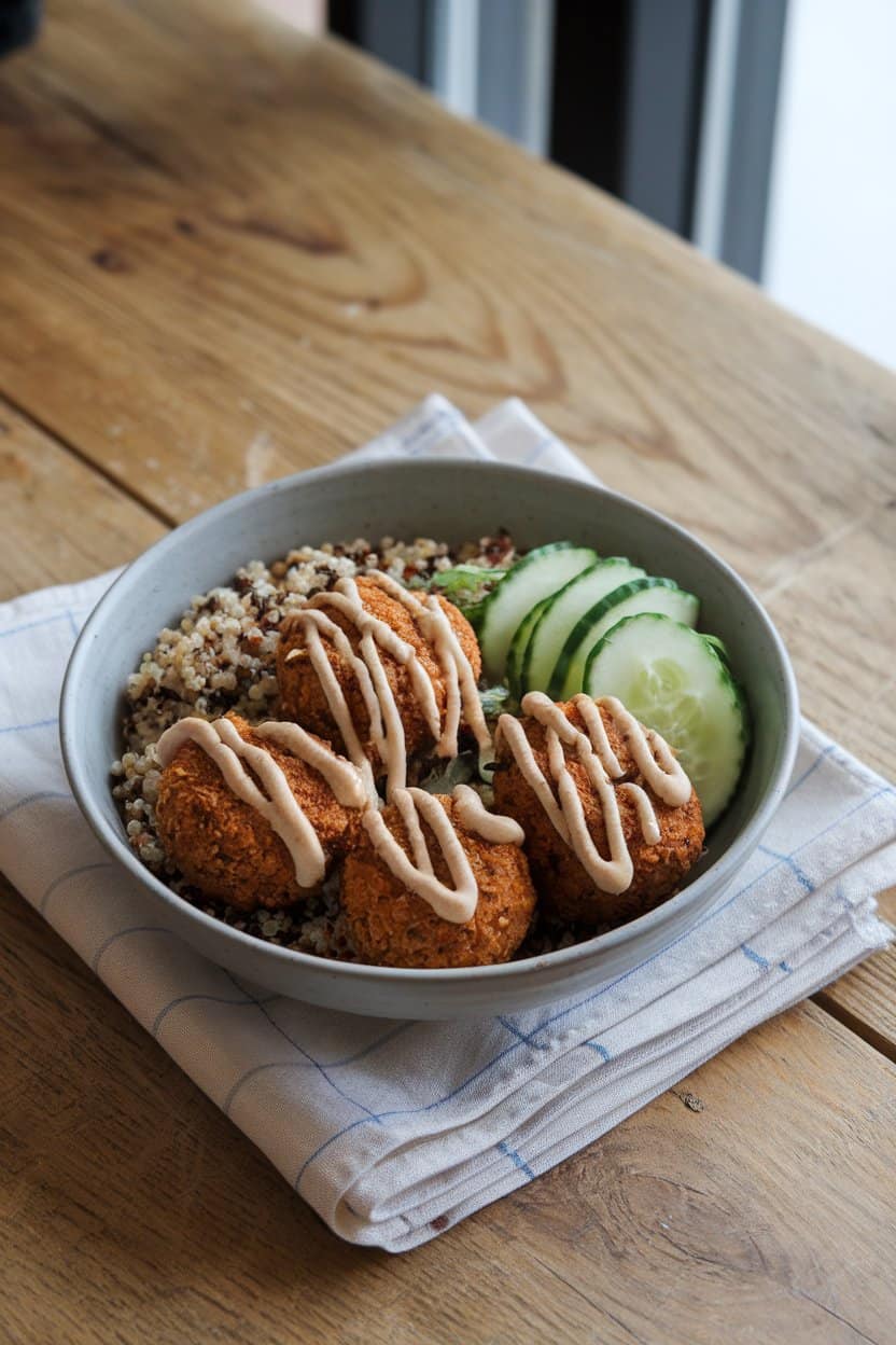An indoor wooden table showcasing a bowl of crispy falafel, quinoa, cucumber ribbons, and drizzled tahini sauce, no text or logos.