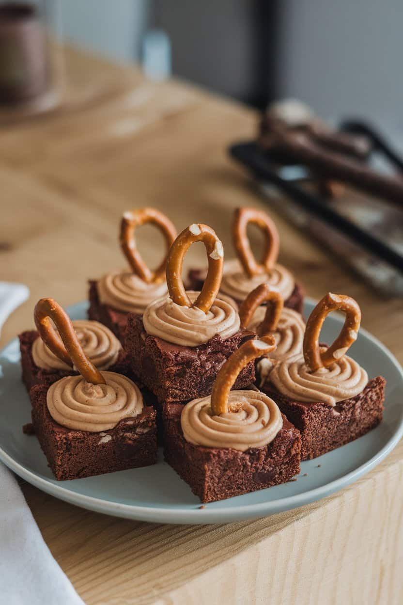 An indoor plate stacked with small brownie squares topped with a swirl of peanut butter and a pretzel twist pressed into each. No text or logos. Photo only.