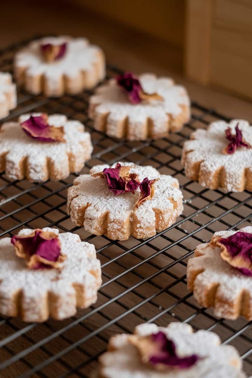 An indoor baking rack cooling delicate almond shortbread cookies topped with edible dried rose petals, soft afternoon light. No text or logos present.