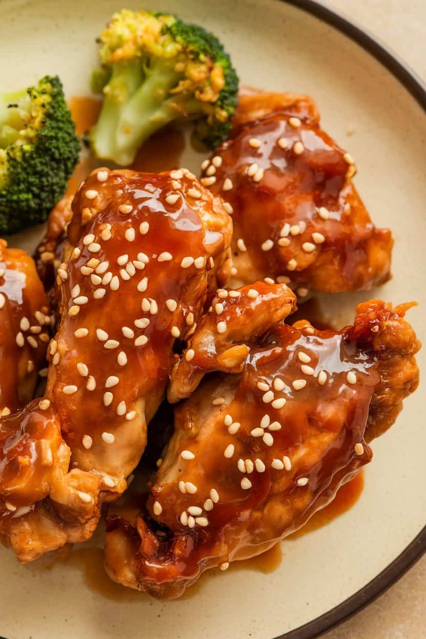 Indoor plate of crispy glazed General Tso’s chicken garnished with sesame seeds and broccoli florets, no text or logos.