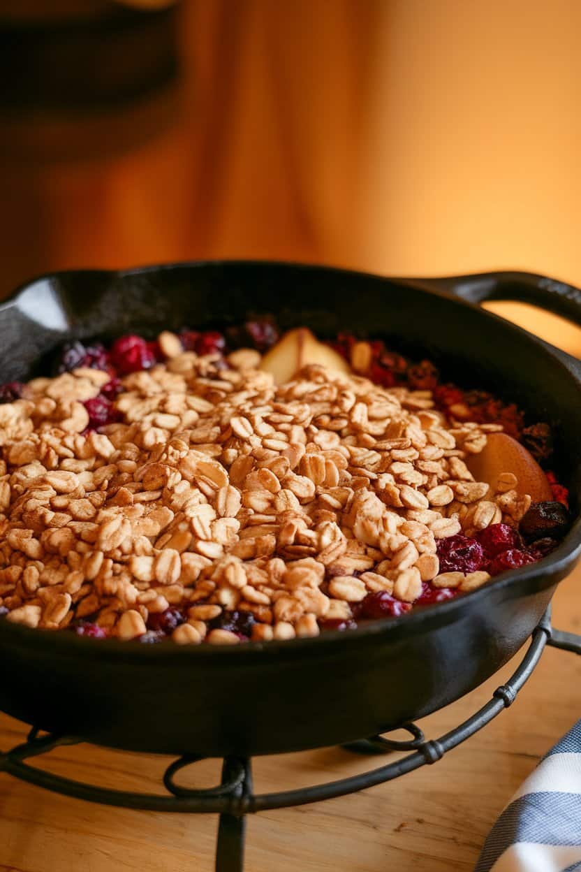 Indoor photo of a cast-iron skillet filled with bubbling pear cranberry crisp, golden oat topping visible, served on a trivet. Warm ambient lighting, no text or logos.