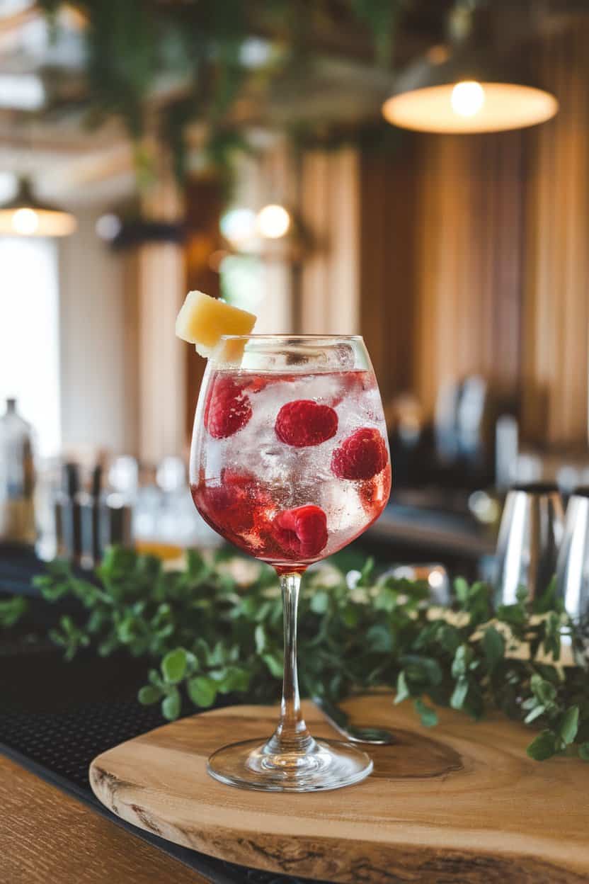 Indoor cocktail bar featuring a stemless wine glass of ruby red fizz, floating raspberries and candied ginger cube on rim; photo, no text or logos.