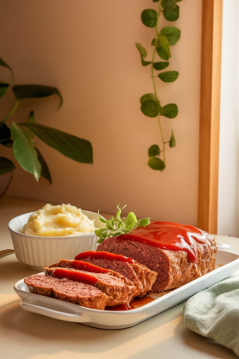 A warmly lit indoor kitchen table with a white platter of sliced beef meatloaf topped with a shiny ketchup glaze, accompanied by a small bowl of mashed potatoes. No text or logos anywhere in the scene. Photo only.