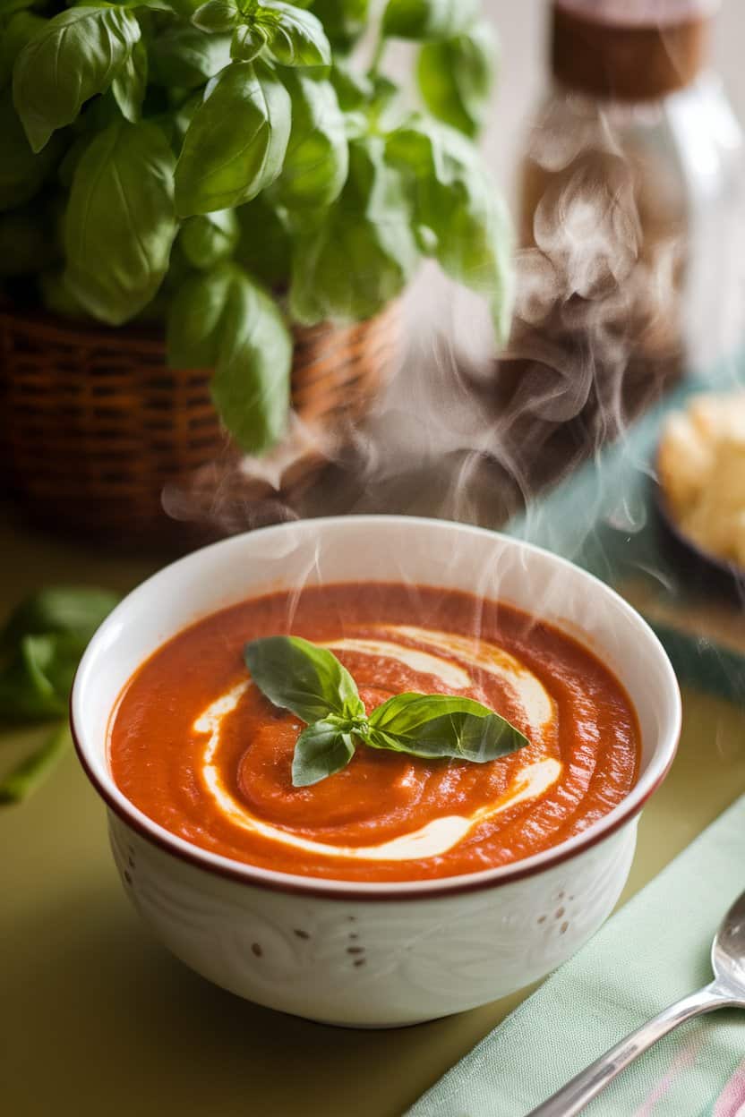 Photo of a steaming bowl of creamy tomato basil soup on an indoor table, a swirl of cream on top and fresh basil leaves floating. No logos or text visible.