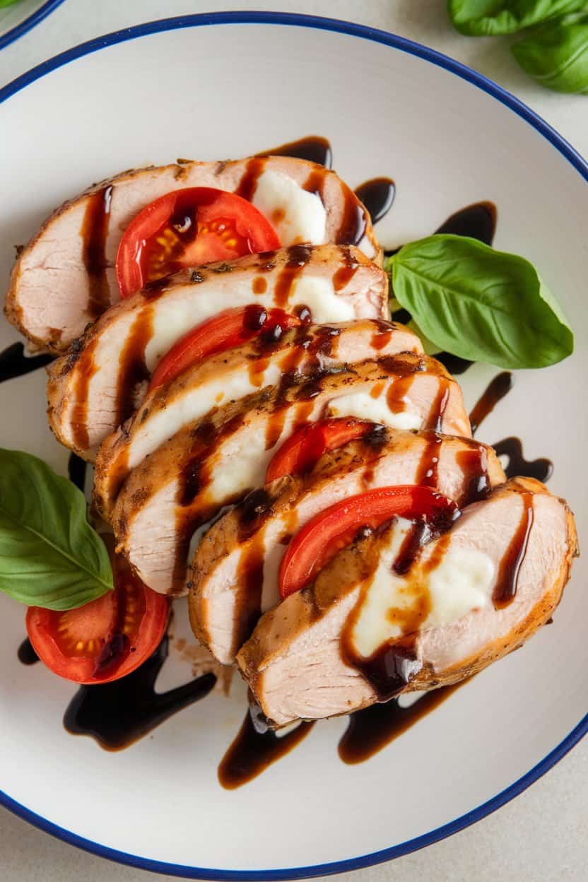 Indoor photo of a sliced chicken breast showing pockets of melted mozzarella, tomatoes, and basil, balsamic drizzle on the plate, no text or logos
