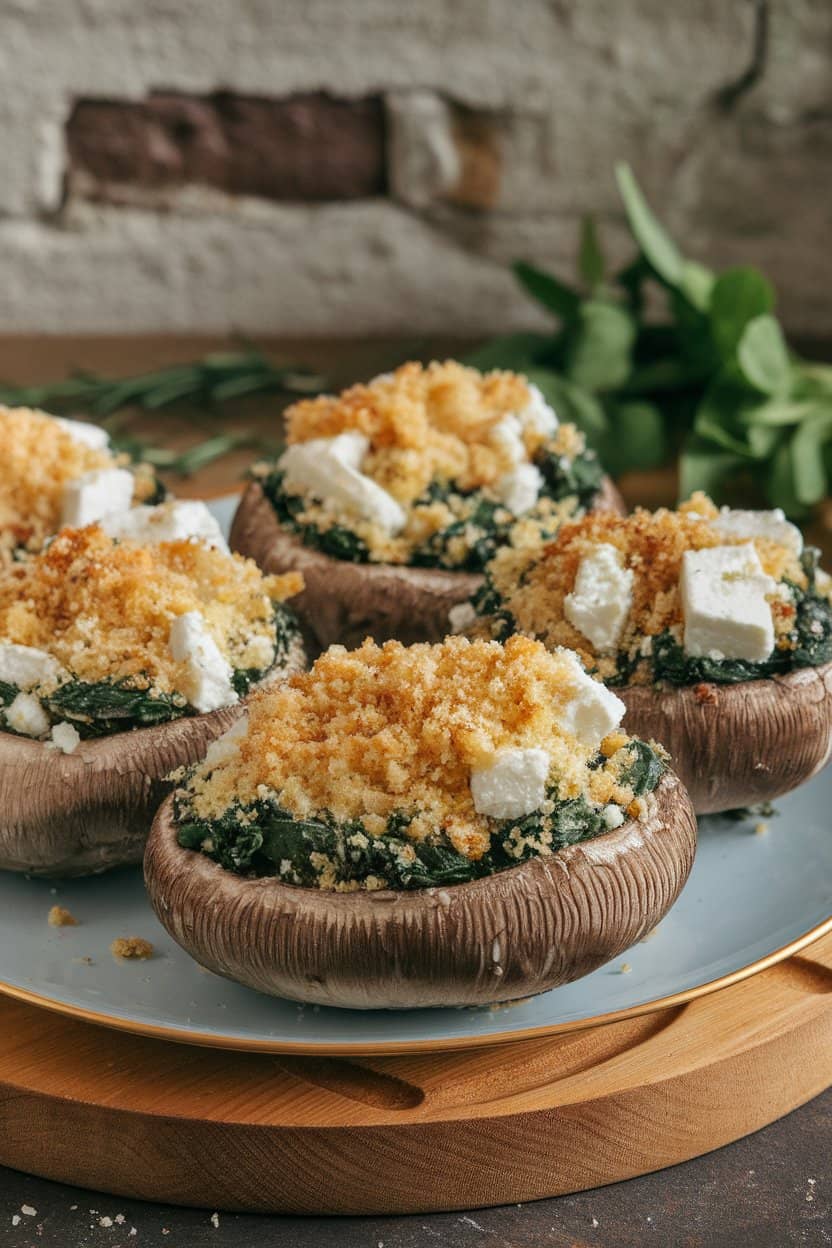 Indoor photo of large Portobello caps filled with spinach, feta, and breadcrumbs, lightly browned on top, no text or logos