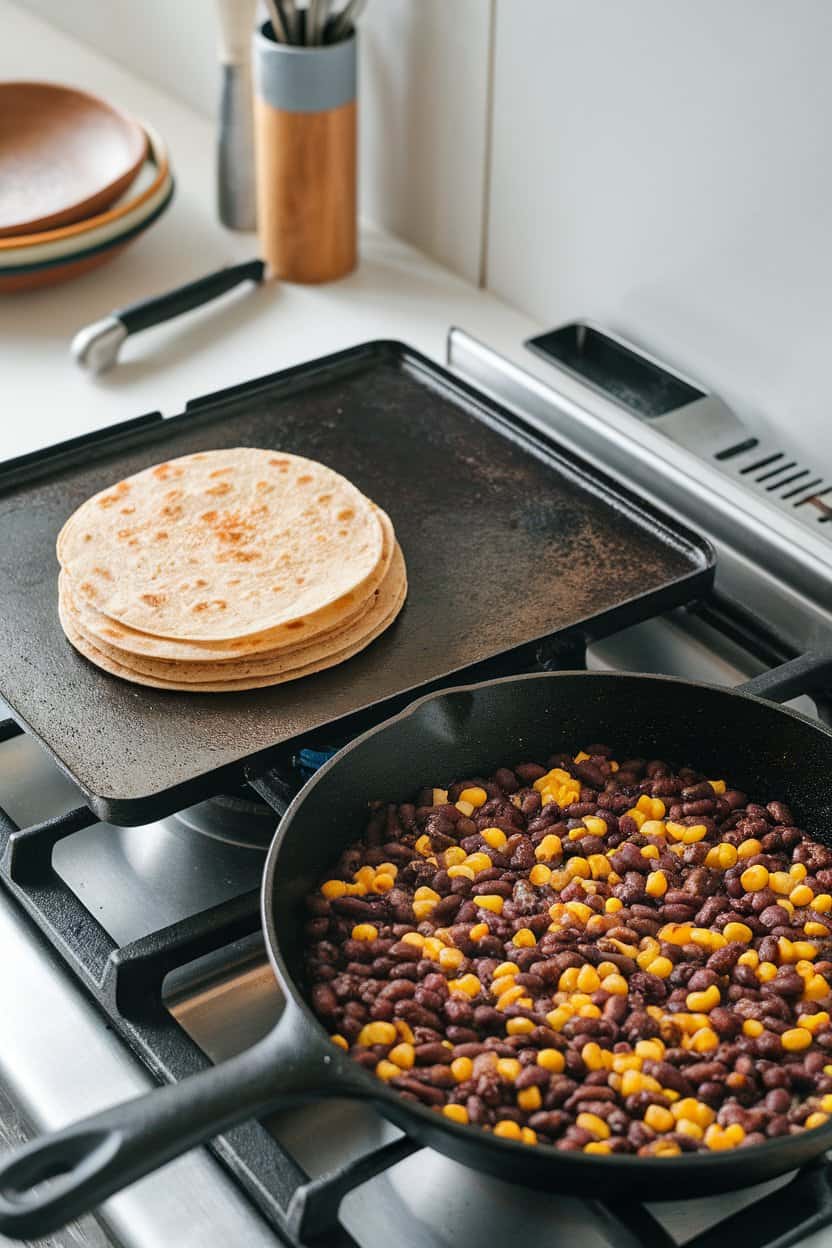 An indoor stovetop griddle with a stack of warmed tortillas next to a skillet of seasoned black beans and corn. No text or logos; photo only.