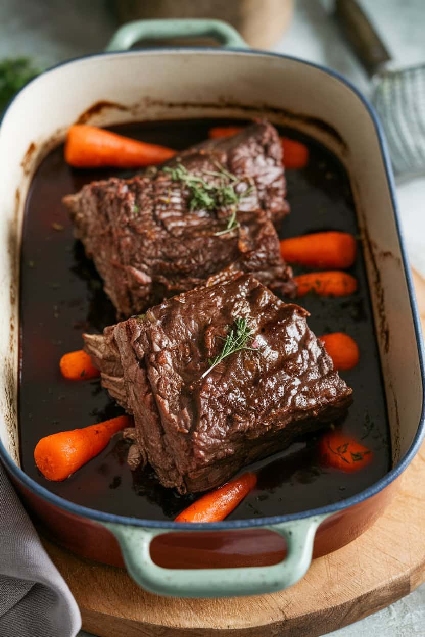 A rustic indoor casserole dish filled with fork-tender braised beef short ribs nestled in dark red wine gravy, carrots peeking through. No logos or text; photo.