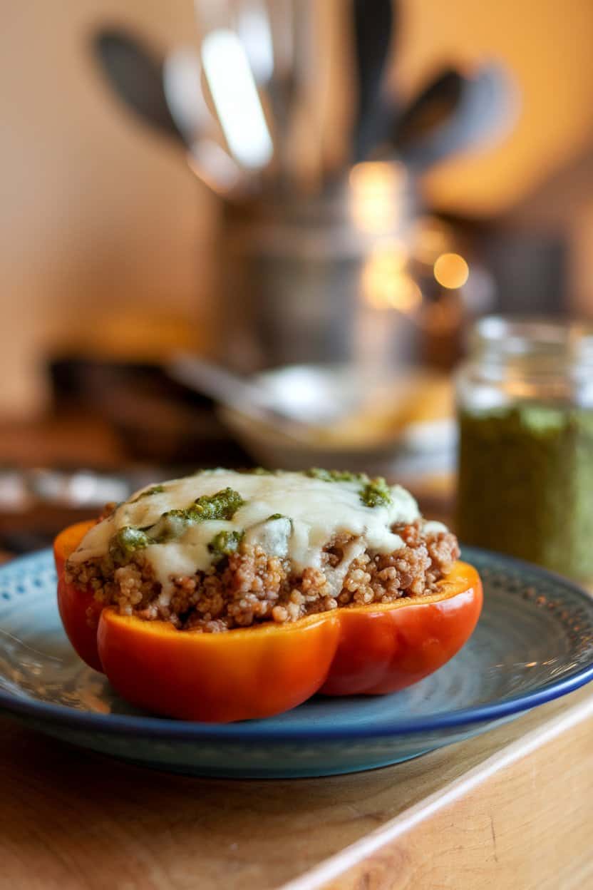 Indoor plate featuring a halved bell pepper filled with ground turkey, quinoa, and visible green pesto, cheese melted on top. No text or logos, photo not illustration.