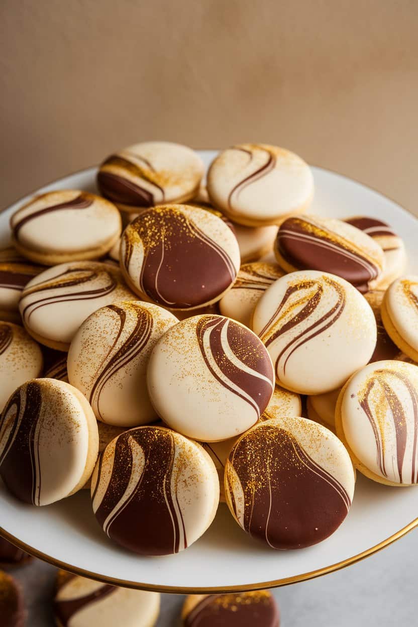 Photo of round vanilla-and-chocolate marbled cookies glimmering with gold luster dust, grouped on an indoor plate. No text or logos present.