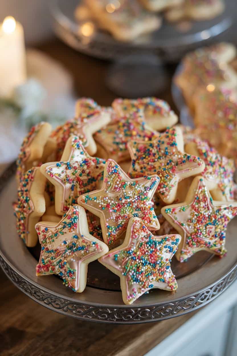 Photo of star-shaped sugar cookies covered in metallic gold icing and rainbow sprinkles, grouped on an indoor serving tray. No text or logos anywhere.