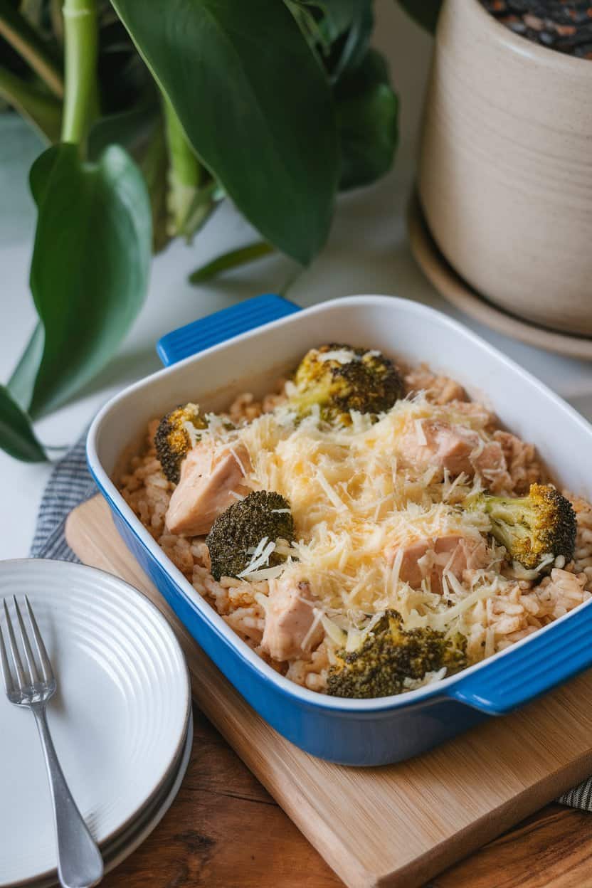 An indoor dining scene displaying a casserole dish of cooked brown rice mixed with chicken pieces and broccoli florets, topped with a light cheese crust. No logos or text present.