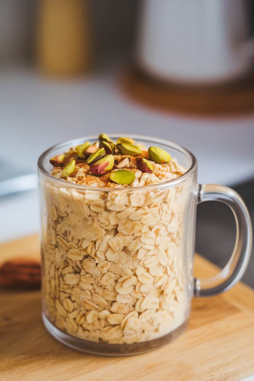 Indoor photo of bright golden oats in a clear mug, topped with chopped pistachios and a light sprinkle of cinnamon; no text or logos.