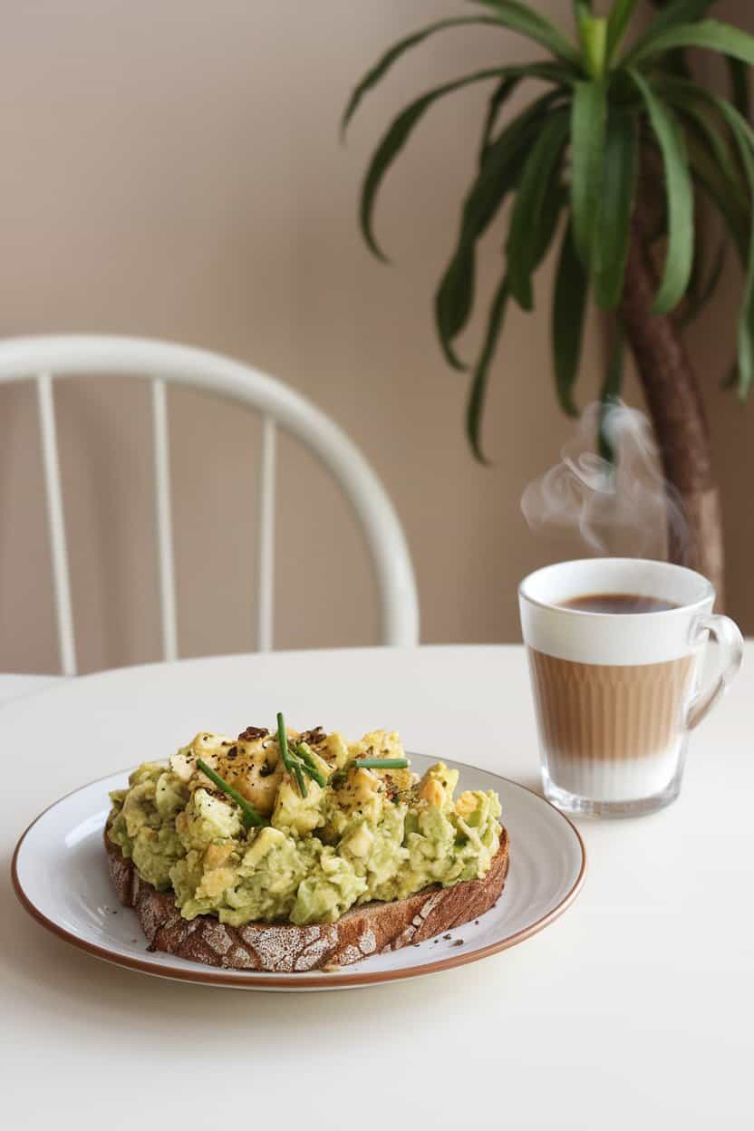 Indoor breakfast nook with whole-grain toast topped generously with mashed avocado-egg salad, sprinkled with chives. No text or logos, photo not illustration.