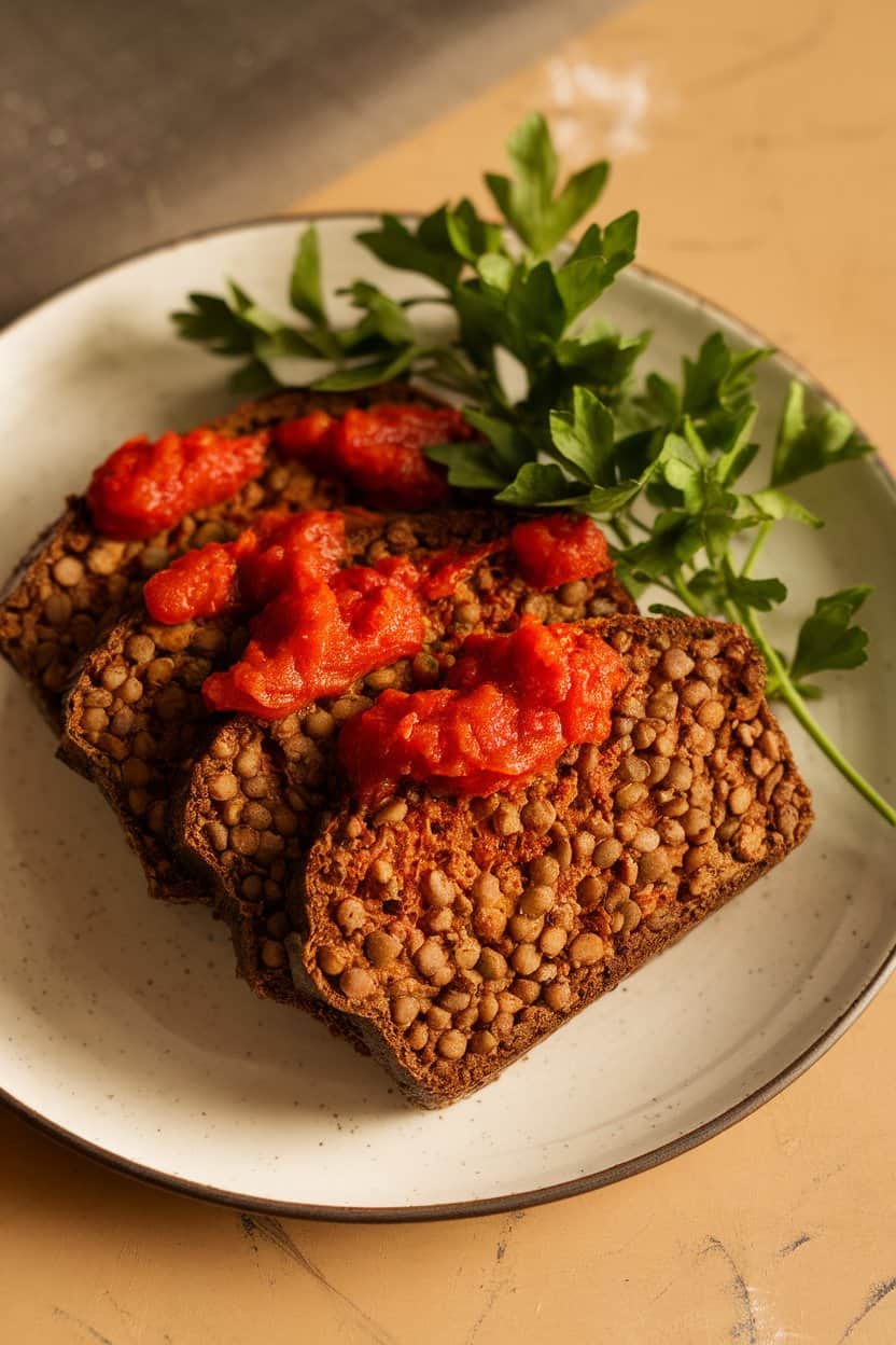 Indoor plate with slices of lentil-based loaf glazed with tomato sauce, garnished with fresh parsley. No text or logos. Photo only.