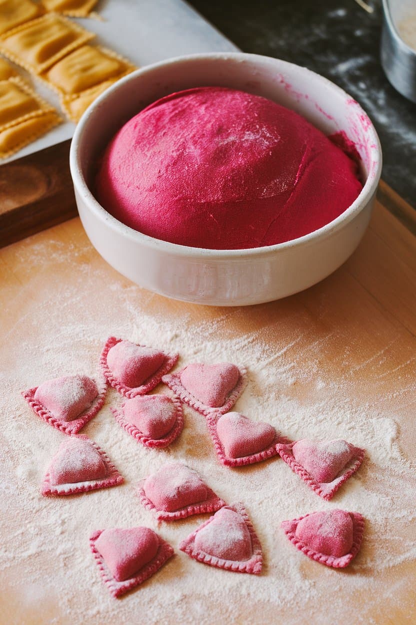 An indoor pasta-making station showing small heart-shaped ravioli with pink beet pasta dough, lightly dusted with flour. No text or logos.