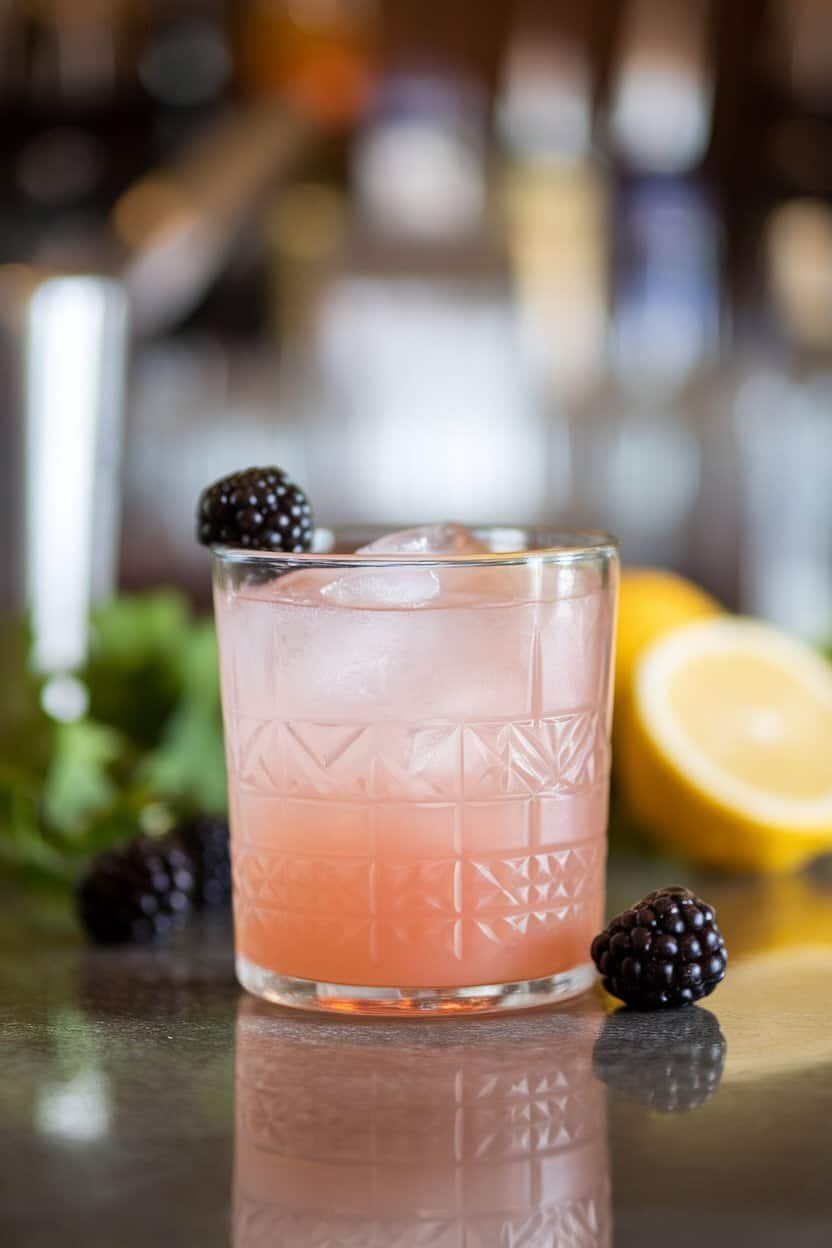 An indoor bar counter with a rocks glass packed with crushed ice, pale pink Grapefruit Bramble cascading with blackberry liqueur; photo, no text or logos.
