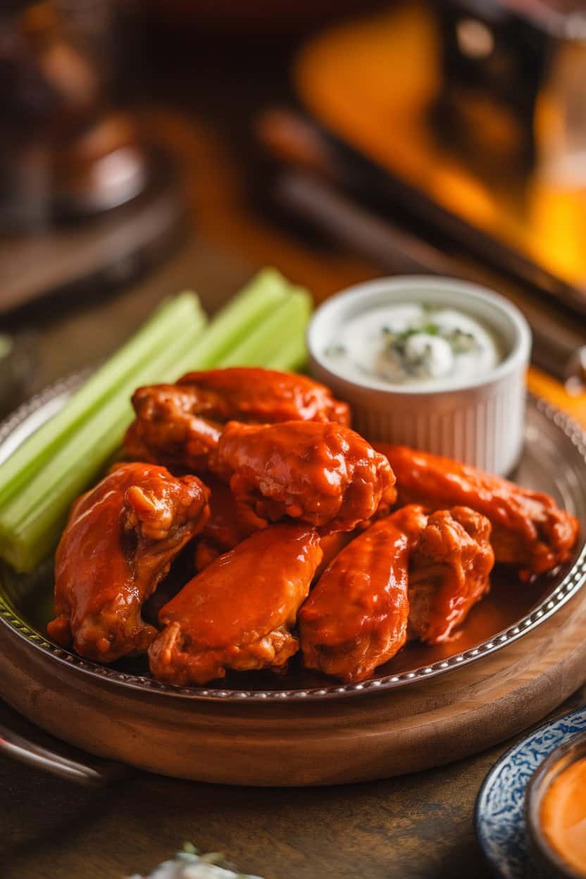 An indoor tabletop scene with a platter of fully cooked chicken wings coated in glossy buffalo sauce, celery sticks and a ramekin of blue cheese dressing on the side. Warm lighting, shallow depth of field, no text or logos anywhere.