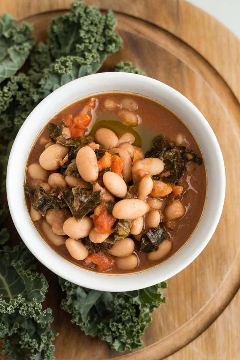 Indoor bowl of chunky white bean stew with kale leaves visible, drizzle of olive oil on top, no text or logos.