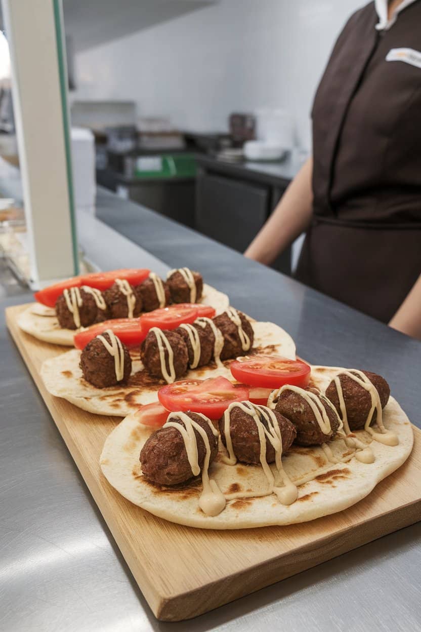 An indoor counter with flatbreads topped with oval-shaped beef kofta, sliced tomatoes, and a drizzle of tahini sauce. No text or logos.