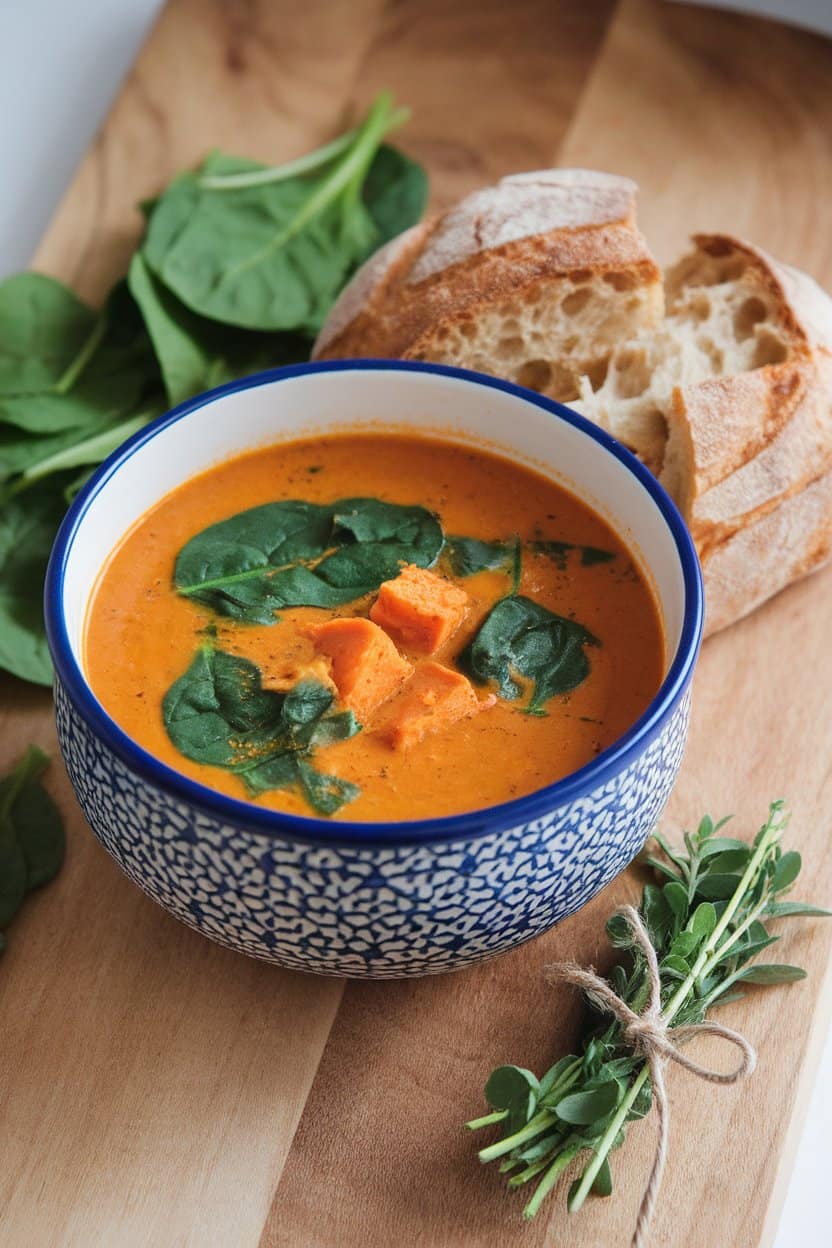 Indoor photo of rich orange peanut soup with visible spinach leaves and sweet potato chunks in a patterned ceramic bowl. No text or logos.