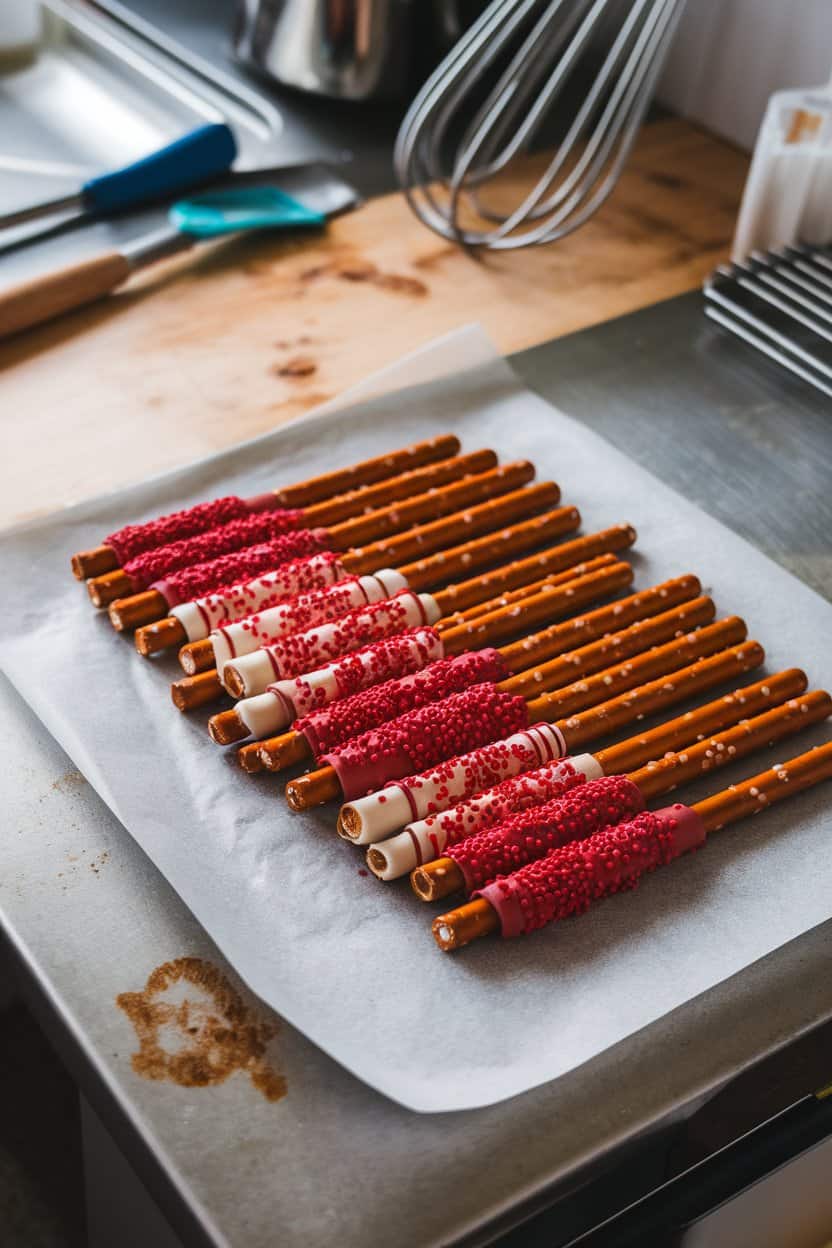 An indoor kitchen counter with rows of long pretzel rods half-dipped in white chocolate and sprinkled with red jimmies, no logos or text.
