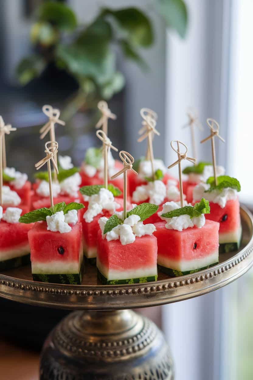 Indoor platter with small watermelon cubes topped with crumbled feta and a mint leaf, secured by cocktail picks. Photo, no text or logos.