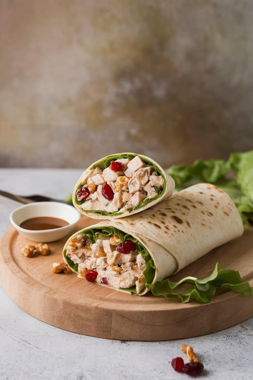 Indoor lunch scene with a wrap sliced on the diagonal, revealing chicken salad speckled with cranberries and walnuts, leafy greens peeking out. No text or logos, photo not illustration.