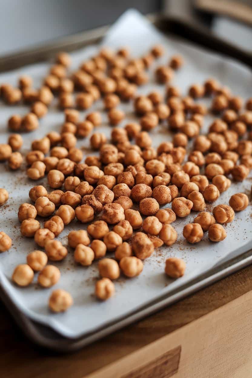 Indoor photo of a baking sheet with crunchy roasted chickpeas dusted in cinnamon and coconut sugar; no text or logos