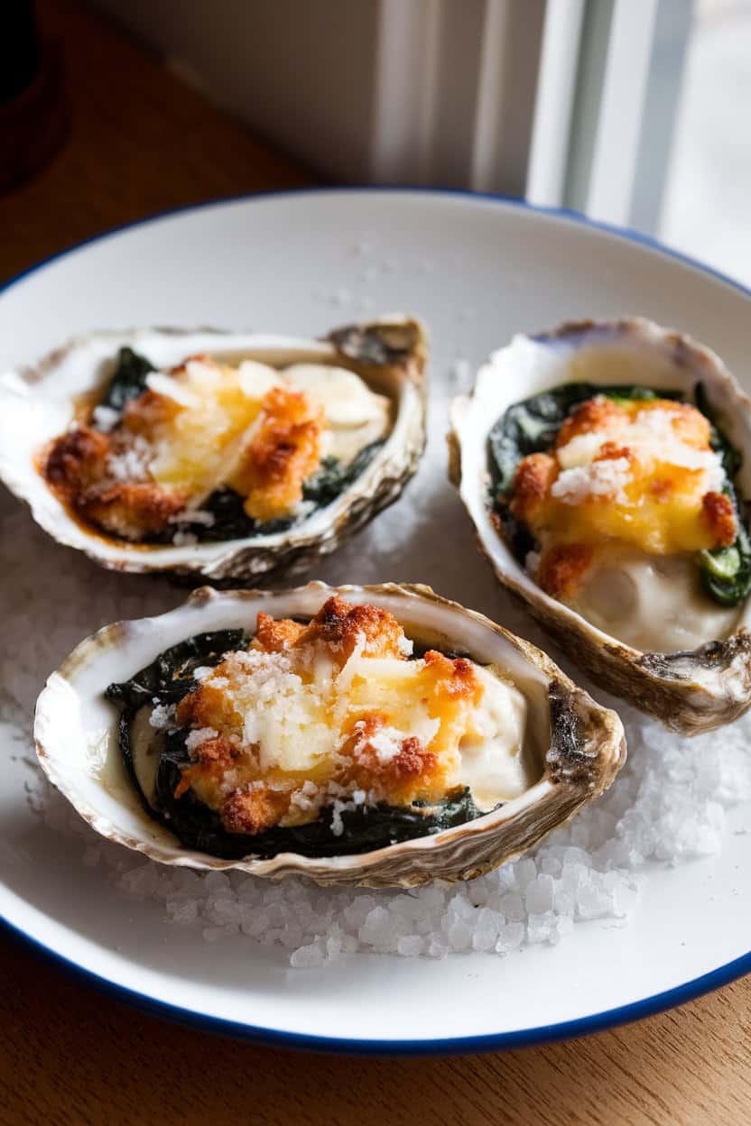 A softly lit indoor plate with three baked oysters Rockefeller, topping browned and bubbling, shells resting on coarse salt. No text or logos; cooked oysters only.