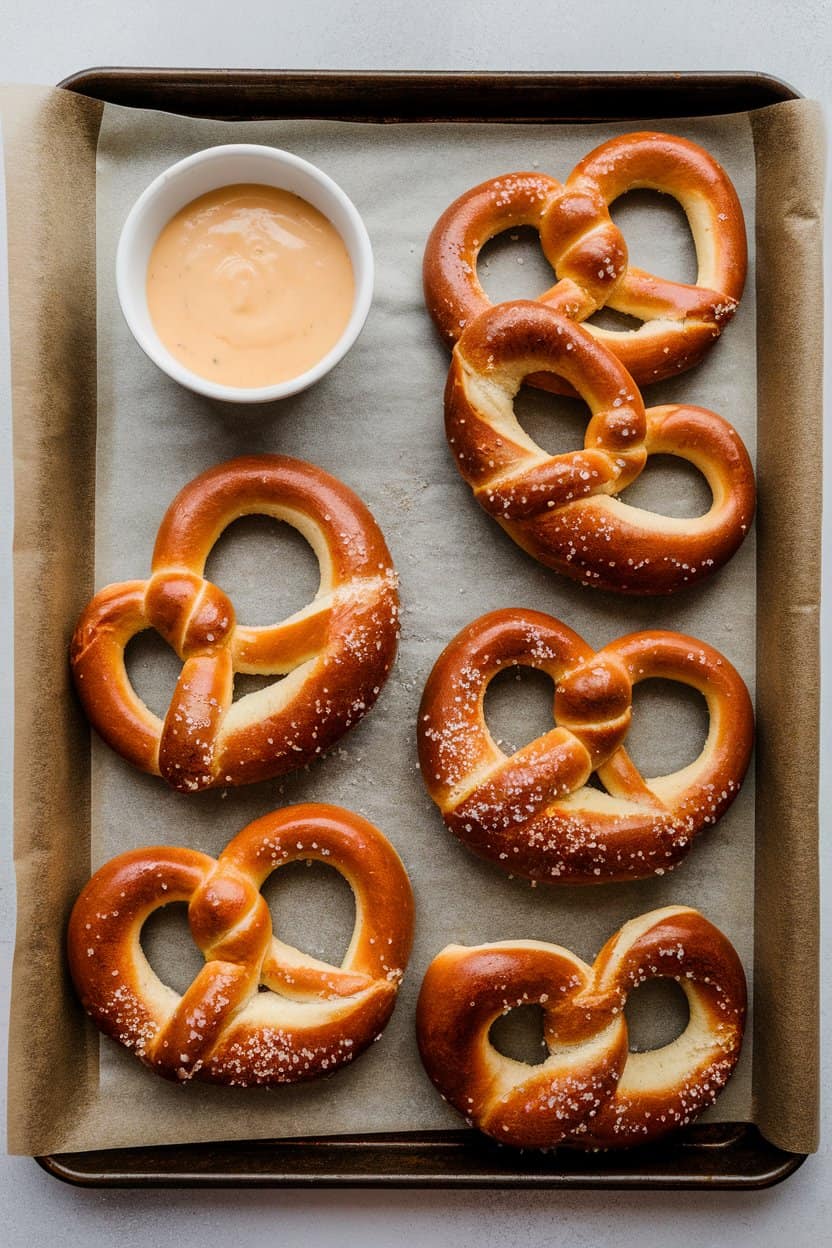 An indoor baking tray lined with parchment holding large golden soft pretzels sprinkled with coarse salt, a small bowl of cheese sauce nearby. No text or logos. Photo only.