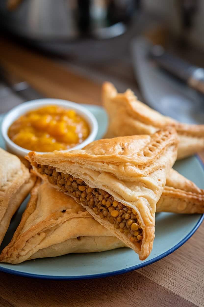 Indoor plate of flaky pastry turnovers revealing spiced lentil filling, mango chutney on side, no text or logos.