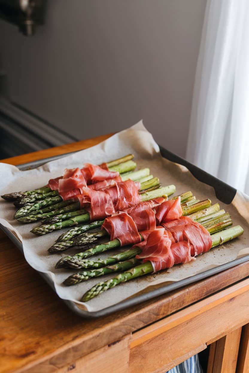 An indoor kitchen island with a parchment-lined tray of roasted asparagus spears wrapped in thin prosciutto ribbons, slight char marks visible. No text or logos; photo, not illustration.