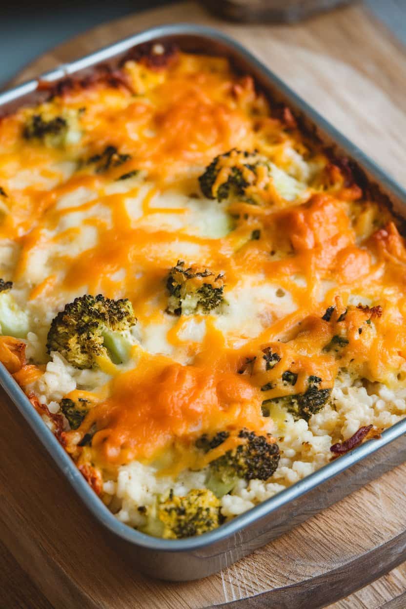 Indoor photo of creamy broccoli and rice casserole topped with melted cheddar in a baking dish—no logos