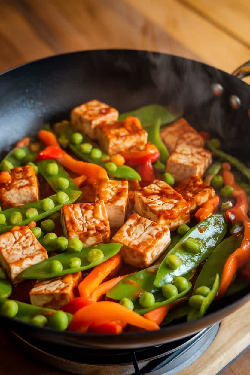 Indoor photo of a wok filled with seared tofu cubes, snap peas, bell peppers, and carrots glazed in teriyaki sauce, steam rising gently. No text or logos present.