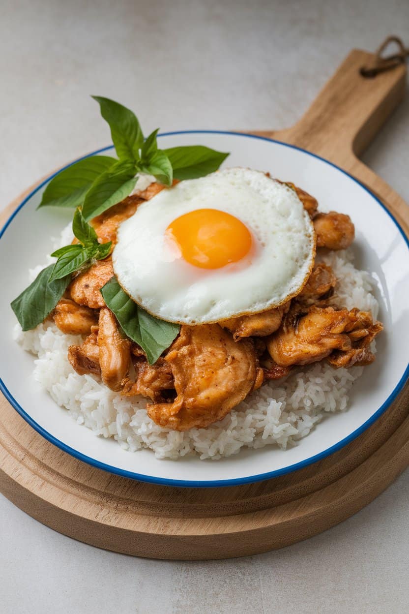 A plate of Thai basil chicken served over jasmine rice, topped with a fried egg, photographed indoors. No logos or text present. Photo only.
