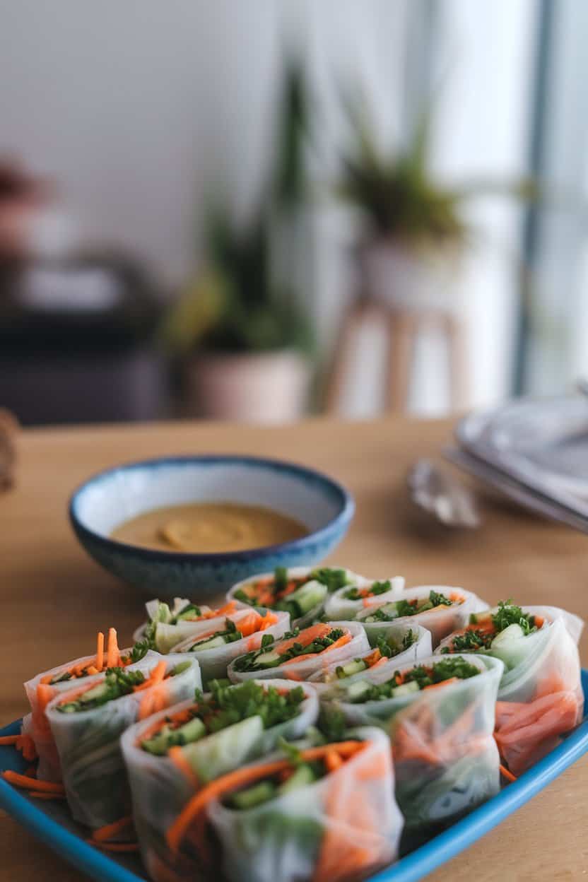An indoor dining table featuring colorful rice paper rolls filled with shredded carrots, cucumbers, and herbs, served alongside a small bowl of peanut-lime dipping sauce. No text or logos present.