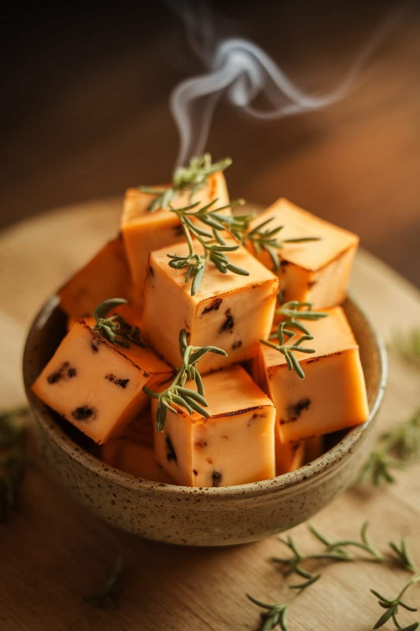 Indoor photo of bite-sized cubes of golden smoked gouda piled in a small ceramic bowl, gentle wisps of smoke aroma implied by styling; warm overhead lighting, no text or logos.