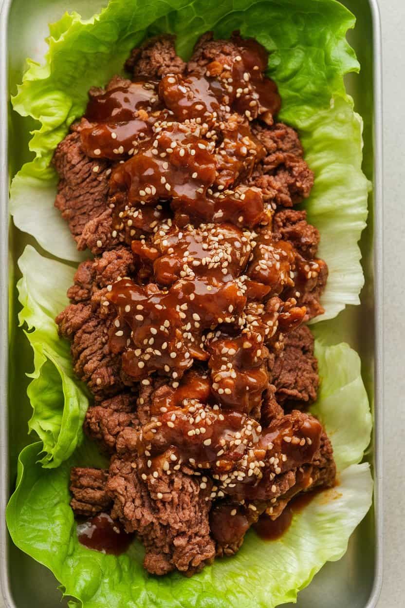 Photo of crisp lettuce leaves on an indoor serving platter holding cooked ground beef glazed in Korean-style sauce, sprinkled with sesame seeds. No logos visible.