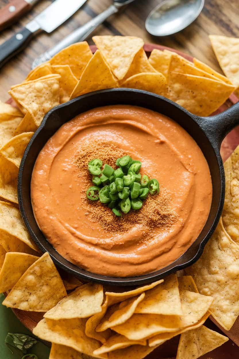 Indoor photo of a cast-iron skillet filled with creamy vegan queso dip surrounded by tortilla chips. No text or logos.