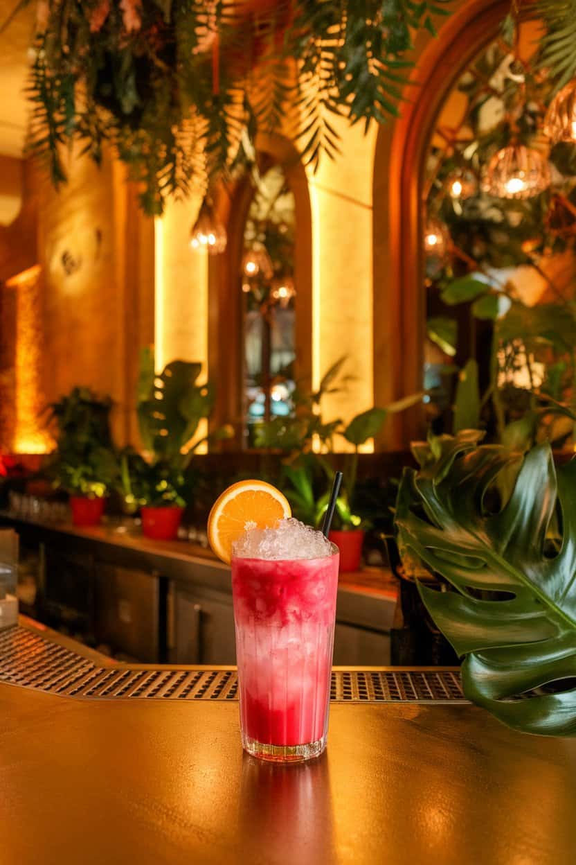 Photo of an indoor tropical-themed bar, tall glass with bright pink dragon fruit drink, citrus wheel floating, crushed ice, neon-free warm lighting; no text or logos