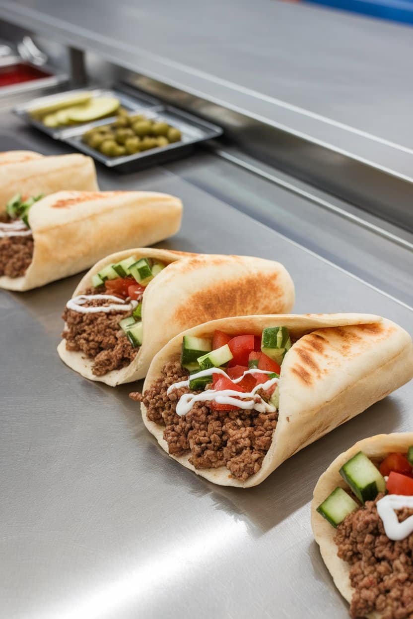 An indoor lunch counter showing pita halves stuffed with seasoned ground beef, chopped cucumbers, tomatoes, and a drizzle of yogurt sauce. No text or logos.