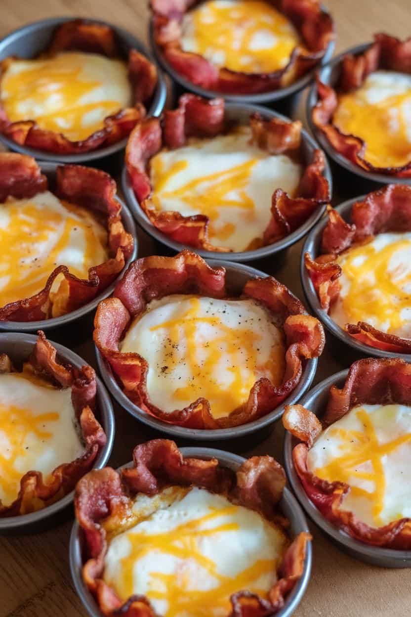 Indoor photo of muffin-tin breakfast cups with visible bacon lining, egg mixture set in the center, cheese melted on top; no text or logos