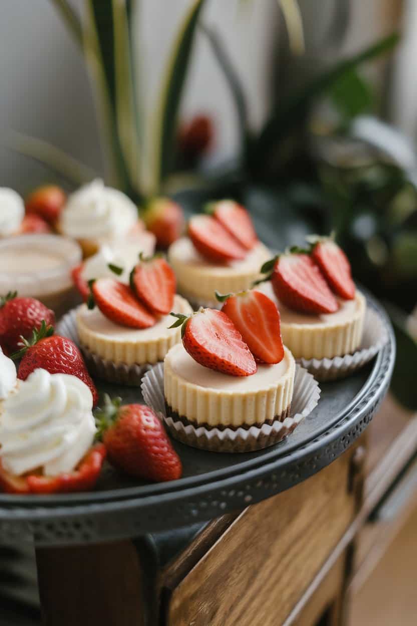 An indoor dessert tray with paper-lined mini cheesecakes topped with fresh strawberry slices. Soft lighting, no visible branding.